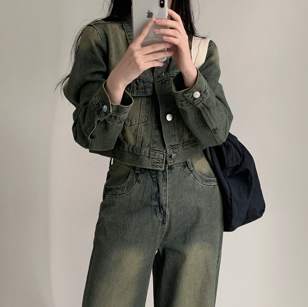 [CREAM CHEESE] Vintage Denim Jacket + Wide Pants Set