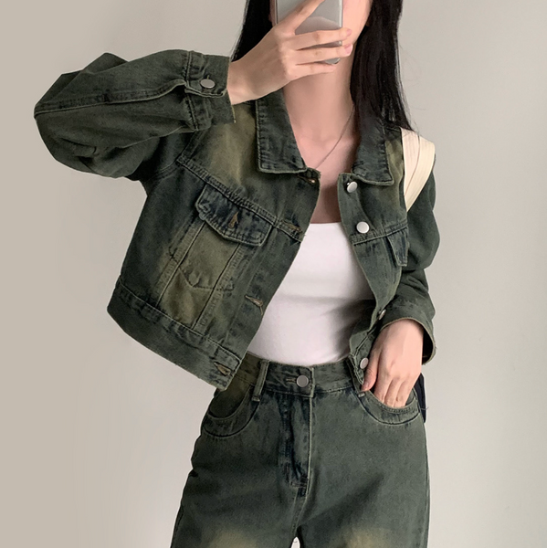 [CREAM CHEESE] Vintage Denim Jacket + Wide Pants Set