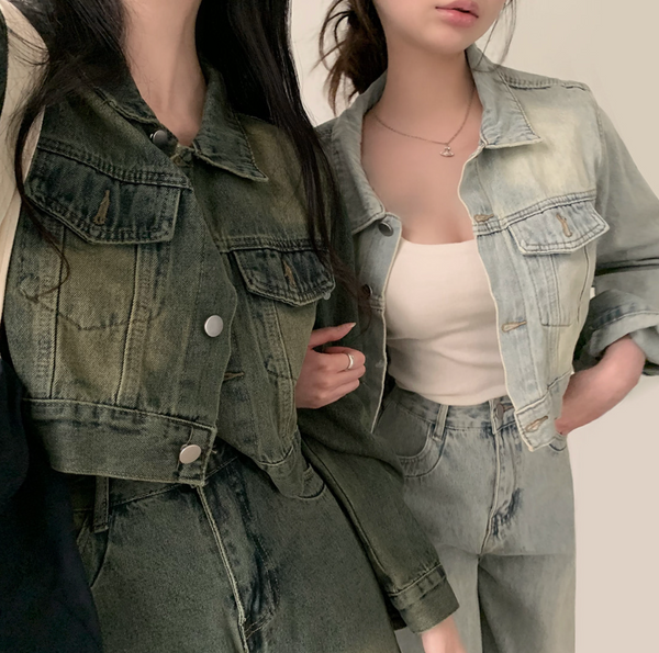 [CREAM CHEESE] Vintage Denim Jacket + Wide Pants Set