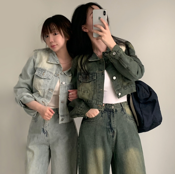 [CREAM CHEESE] Vintage Denim Jacket + Wide Pants Set