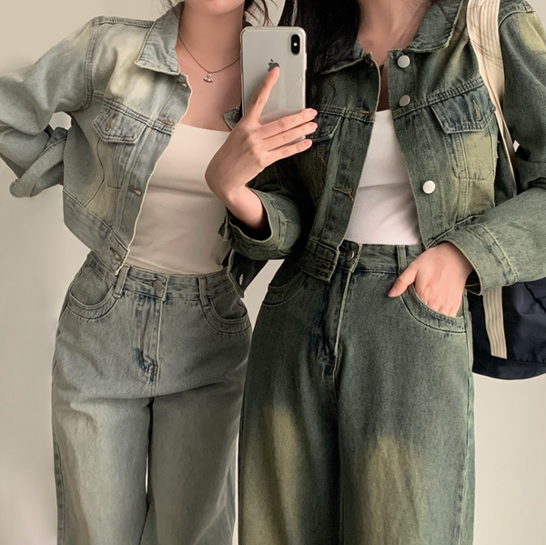 [CREAM CHEESE] Vintage Denim Jacket + Wide Pants Set