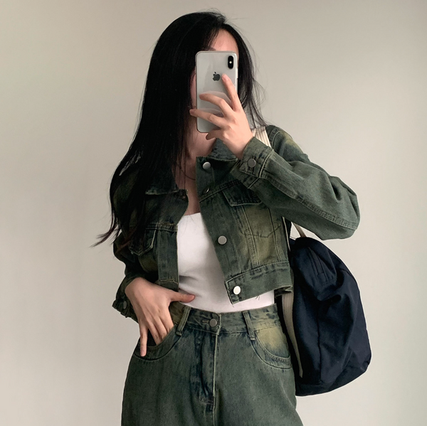 [CREAM CHEESE] Vintage Denim Jacket + Wide Pants Set