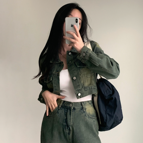 [CREAM CHEESE] Vintage Denim Jacket + Wide Pants Set