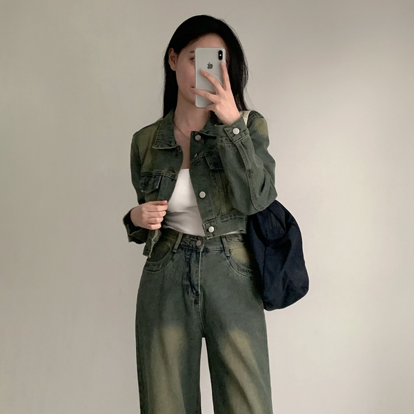 [CREAM CHEESE] Vintage Denim Jacket + Wide Pants Set