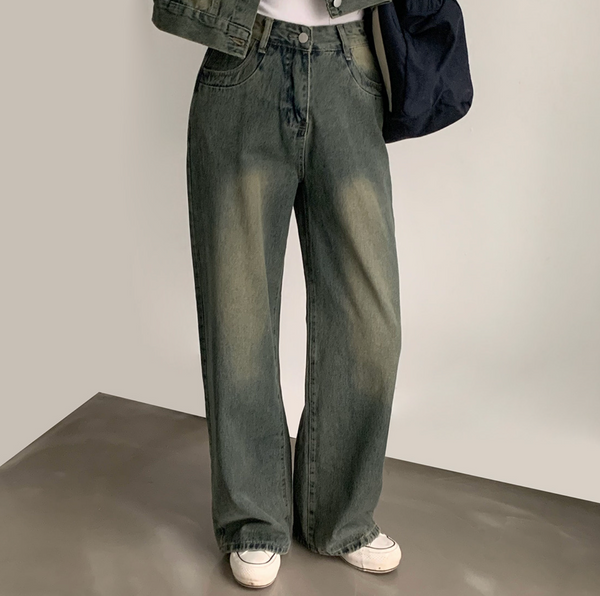 [CREAM CHEESE] Vintage Denim Jacket + Wide Pants Set