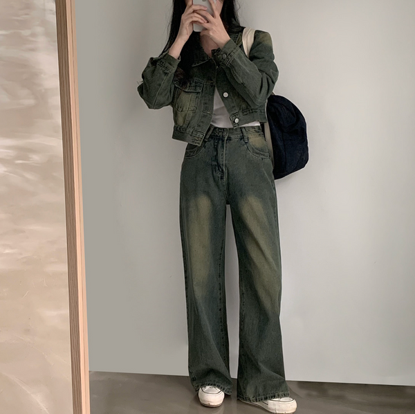 [CREAM CHEESE] Vintage Denim Jacket + Wide Pants Set