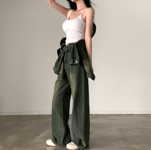 [CREAM CHEESE] Vintage Denim Jacket + Wide Pants Set