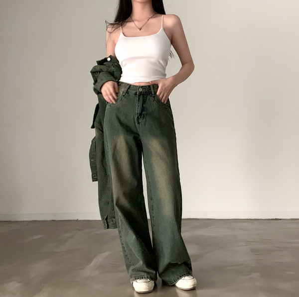 [CREAM CHEESE] Vintage Denim Jacket + Wide Pants Set