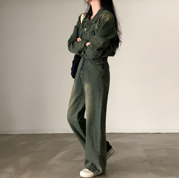 [CREAM CHEESE] Vintage Denim Jacket + Wide Pants Set