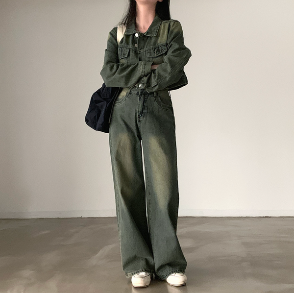 [CREAM CHEESE] Vintage Denim Jacket + Wide Pants Set