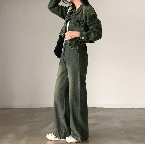 [CREAM CHEESE] Vintage Denim Jacket + Wide Pants Set