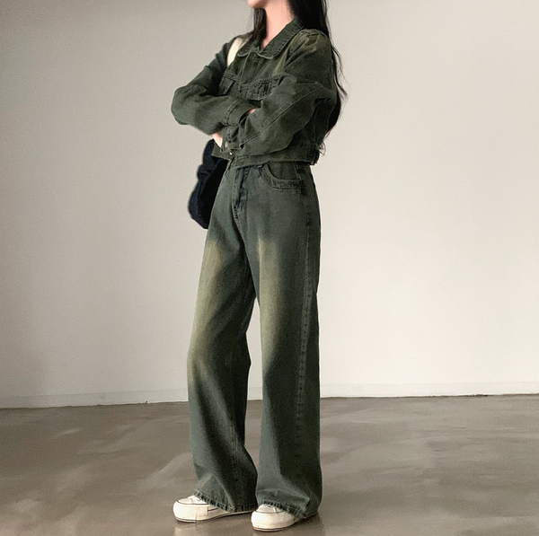 [CREAM CHEESE] Vintage Denim Jacket + Wide Pants Set