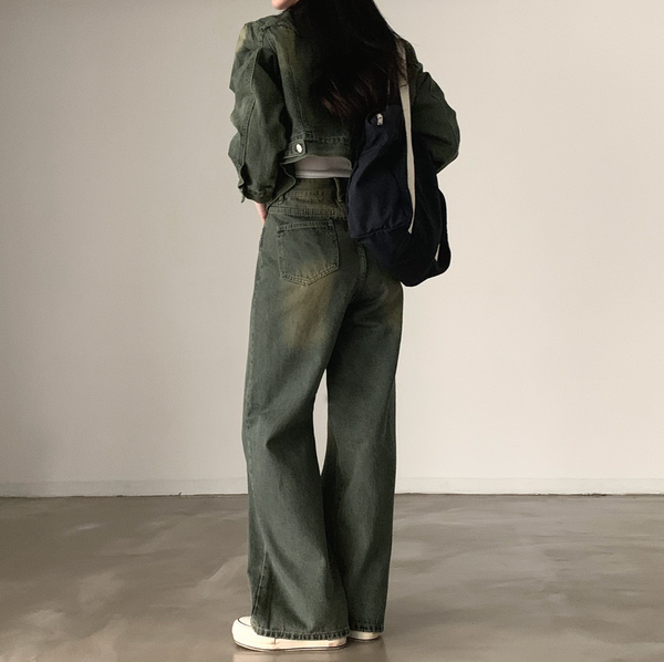 [CREAM CHEESE] Vintage Denim Jacket + Wide Pants Set