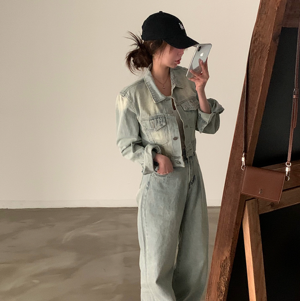 [CREAM CHEESE] Vintage Denim Jacket + Wide Pants Set