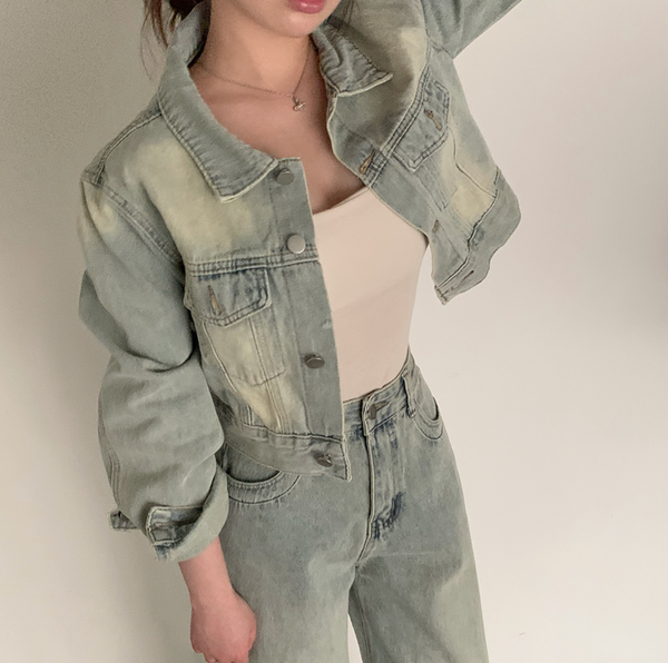 [CREAM CHEESE] Vintage Denim Jacket + Wide Pants Set