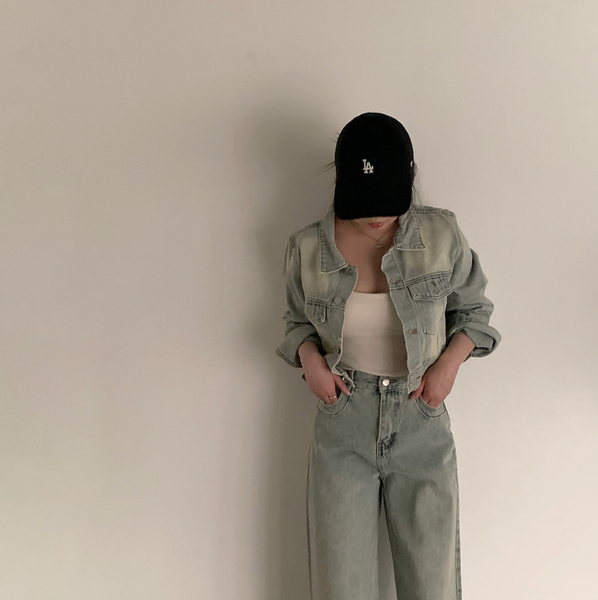 [CREAM CHEESE] Vintage Denim Jacket + Wide Pants Set