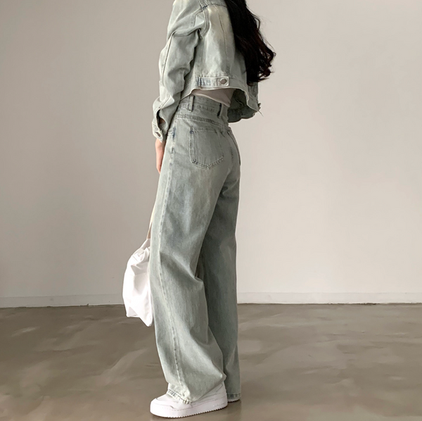 [CREAM CHEESE] Vintage Denim Jacket + Wide Pants Set