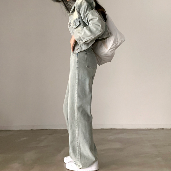 [CREAM CHEESE] Vintage Denim Jacket + Wide Pants Set