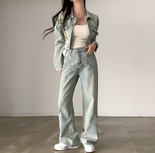 [CREAM CHEESE] Vintage Denim Jacket + Wide Pants Set