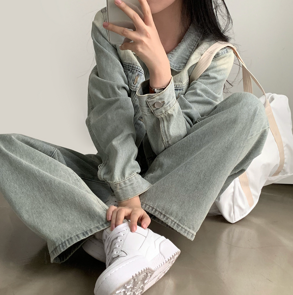 [CREAM CHEESE] Vintage Denim Jacket + Wide Pants Set