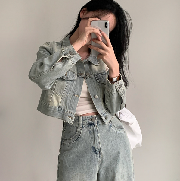 [CREAM CHEESE] Vintage Denim Jacket + Wide Pants Set