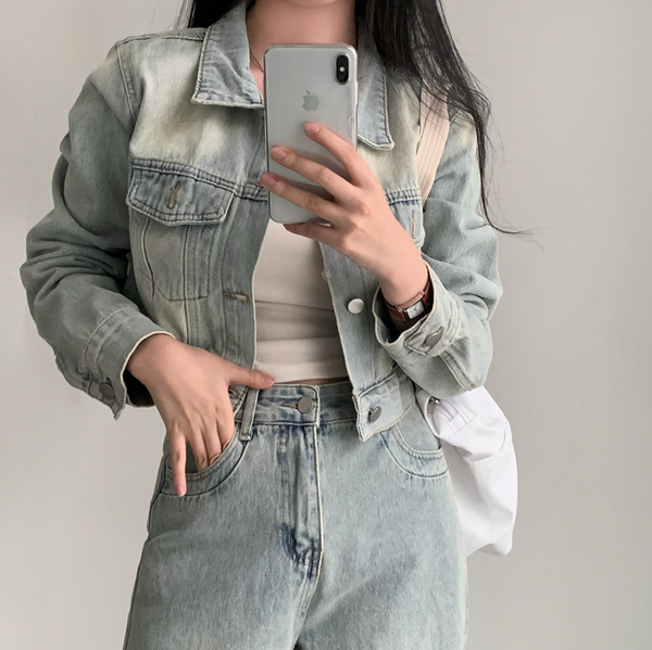 [CREAM CHEESE] Vintage Denim Jacket + Wide Pants Set