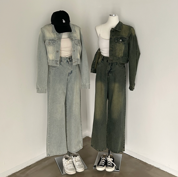 [CREAM CHEESE] Vintage Denim Jacket + Wide Pants Set