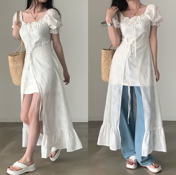 [CREAM CHEESE] Flower Unbalanced Short-sleeved Long Dress