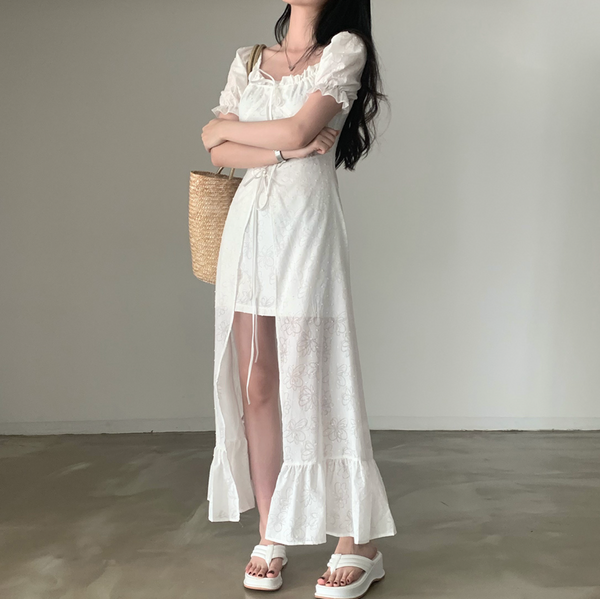 [CREAM CHEESE] Flower Unbalanced Short-sleeved Long Dress