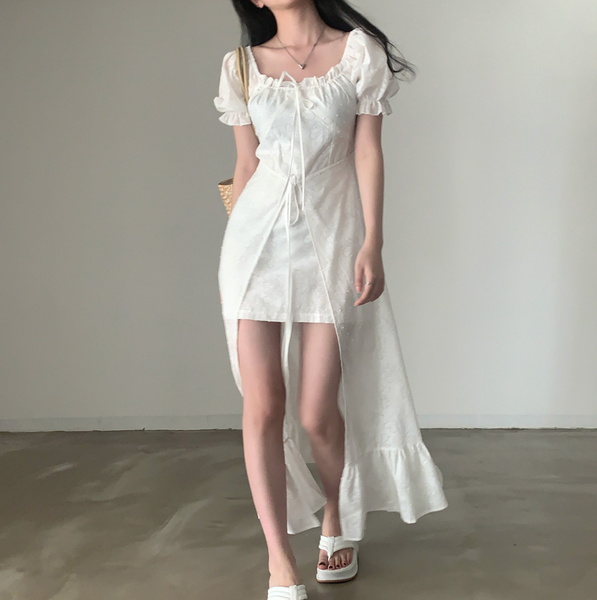 [CREAM CHEESE] Flower Unbalanced Short-sleeved Long Dress