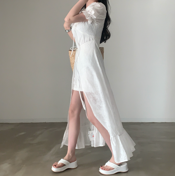 [CREAM CHEESE] Flower Unbalanced Short-sleeved Long Dress