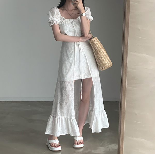 [CREAM CHEESE] Flower Unbalanced Short-sleeved Long Dress