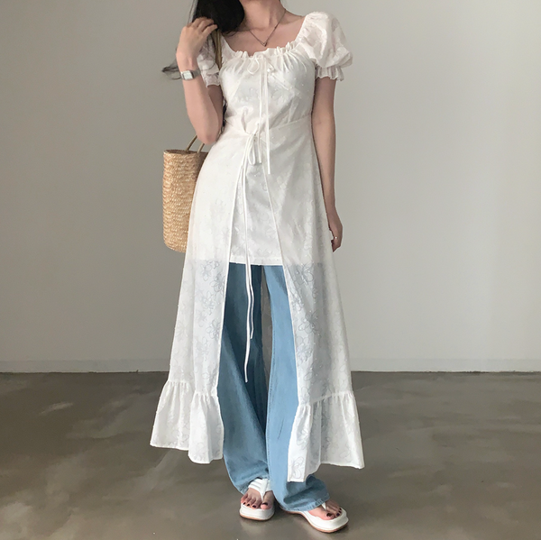 [CREAM CHEESE] Flower Unbalanced Short-sleeved Long Dress