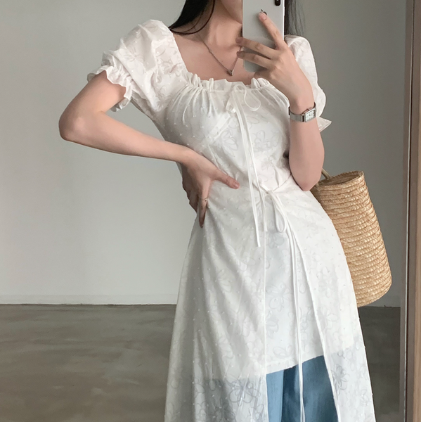 [CREAM CHEESE] Flower Unbalanced Short-sleeved Long Dress