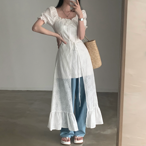 [CREAM CHEESE] Flower Unbalanced Short-sleeved Long Dress