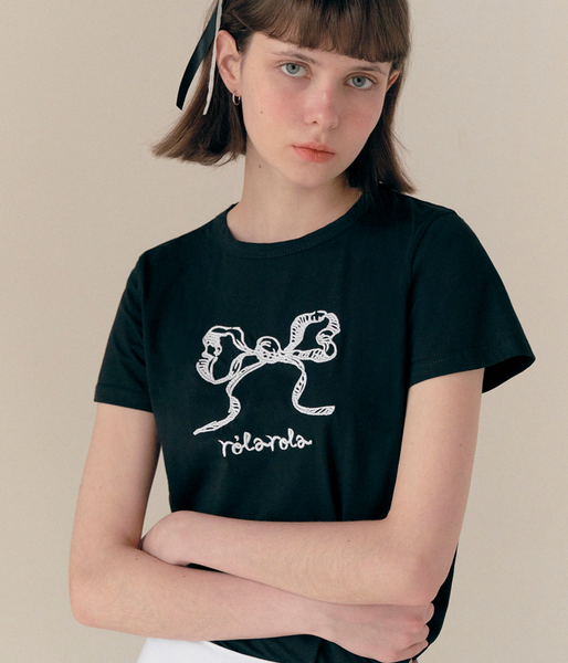 [rolarola] RIBBON HALF T-SHIRT BLACK