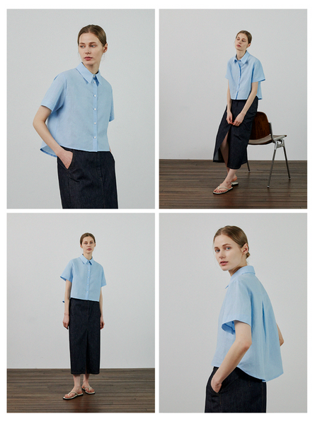 [LAFUDGE FOR WOMAN] Piece Linen Cropped Short Sleeved Shirt (1+1)