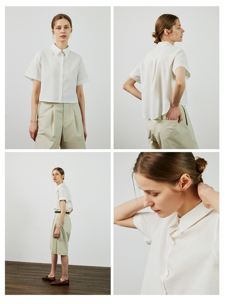 [LAFUDGE FOR WOMAN] Piece Linen Cropped Short Sleeved Shirt (1+1)