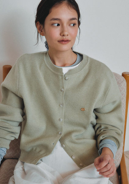 [LAFUDGE FOR WOMAN] Essential Round Knit Cardigan (Moss Green)