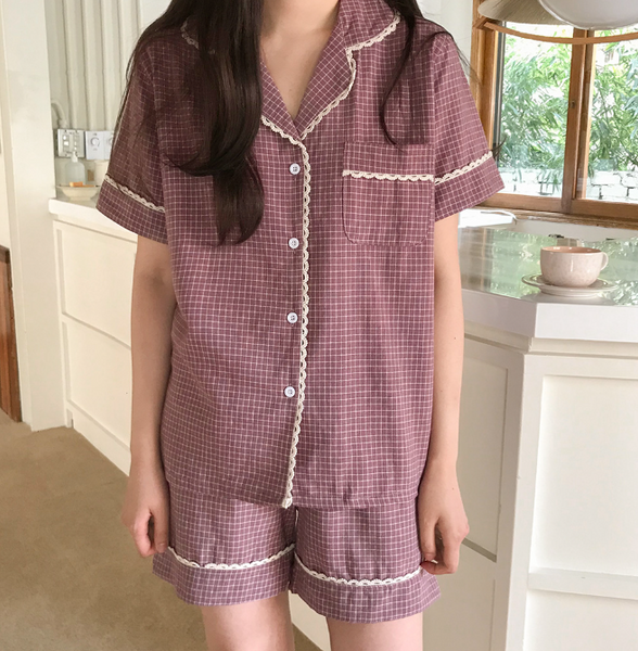 [Juuneedu] Cream Lace Short Sleeve Couple Pyjamas