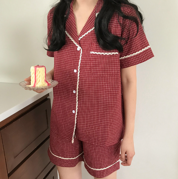[Juuneedu] Cream Lace Short Sleeve Couple Pyjamas