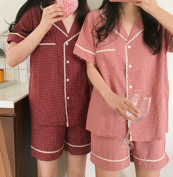 [Juuneedu] Cream Lace Short Sleeve Couple Pyjamas