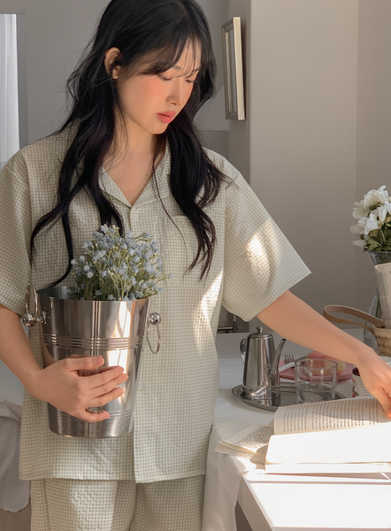 [Juuneedu] Clear Gingham Check Short Sleeve Pyjama Set