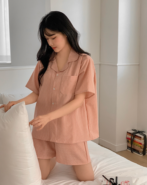 [Juuneedu] Clear Gingham Check Short Sleeve Pyjama Set