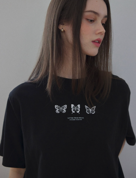 [Letter from Moon] [2件優惠價！買一送一] Triple Butterfly Embroidery Short Sleeve T-Shirt (3Colour)