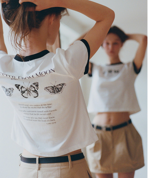 [Letter from Moon] Triple Butterfly Embroidery Ringer Crop T-Shirt (Ivory)