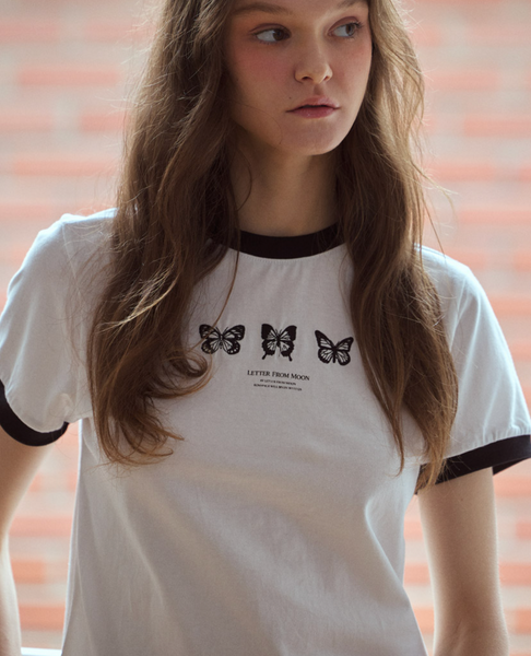 [Letter from Moon] Triple Butterfly Embroidery Ringer Crop T-Shirt (Ivory)