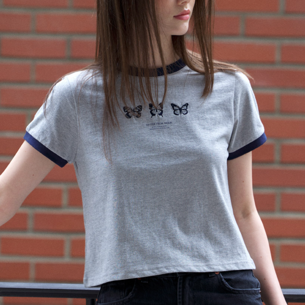 [Letter from Moon] Triple Butterfly Embroidery Ringer Crop T-Shirt (Grey)