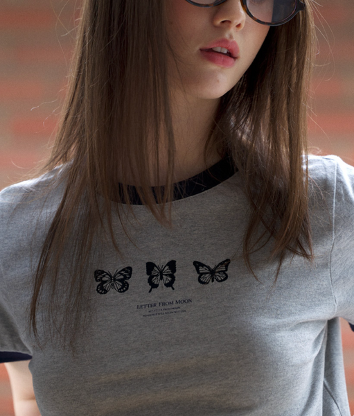 [Letter from Moon] Triple Butterfly Embroidery Ringer Crop T-Shirt (Grey)