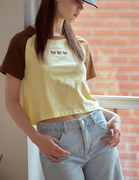 [Letter from Moon] Triple Butterfly Embroidery Raglan Crop T-Shirt (Lemon)